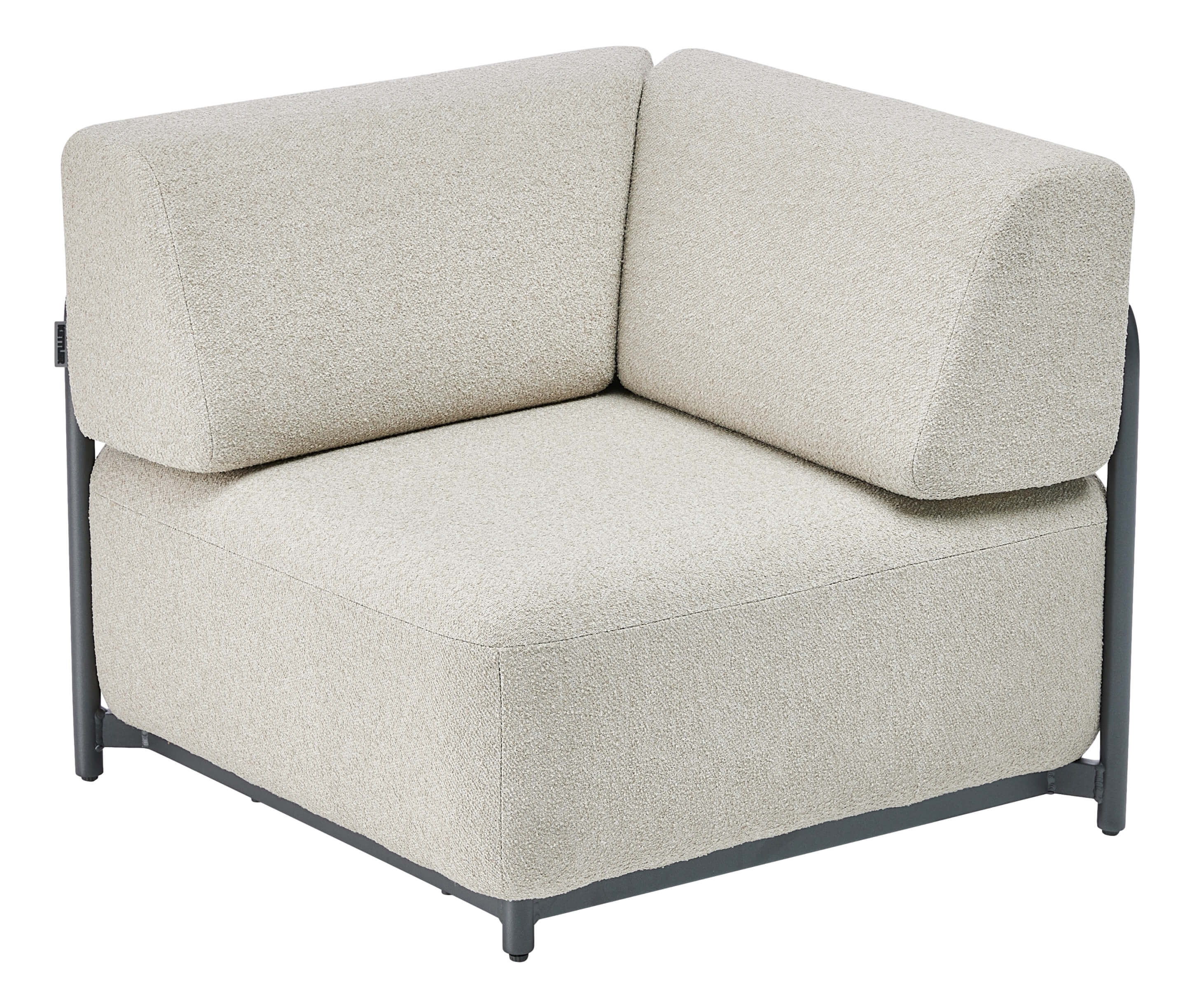 Sessel Lounge Eckteil mit Bouclé Stoff und Aluminiumgestell für Outdoor Lounge - schräge Vorderansicht